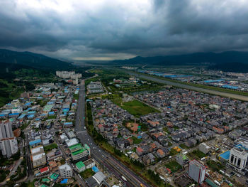 High angle view of townscape against sky