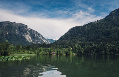 Scenic view of lake and mountains against sky