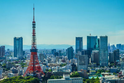 Buildings in city against clear sky