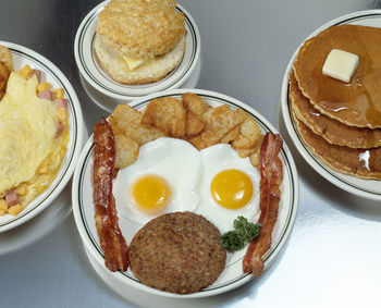 High angle view of breakfast served on table