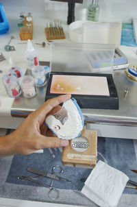 High angle view of woman working on table