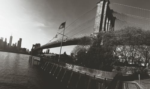 View of suspension bridge over river