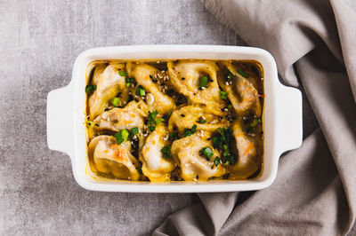 High angle view of food in plate on table