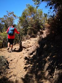 Rear view of man walking on dirt road