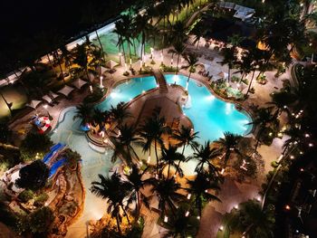 High angle view of swimming pool at night