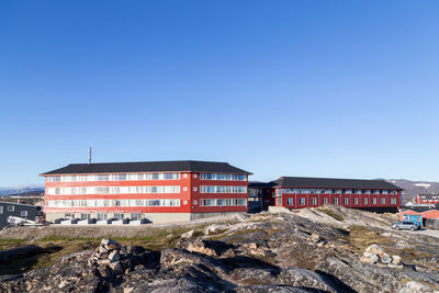 Buildings against clear blue sky