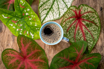 High angle view of coffee cup on table