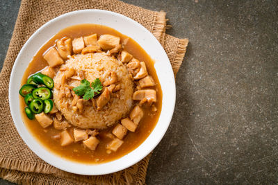 High angle view of soup in bowl on table