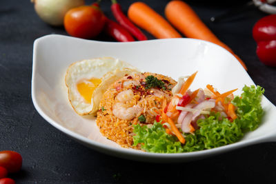 High angle view of meal served on table