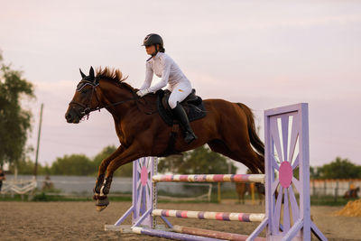 Rear view of woman riding horse on field