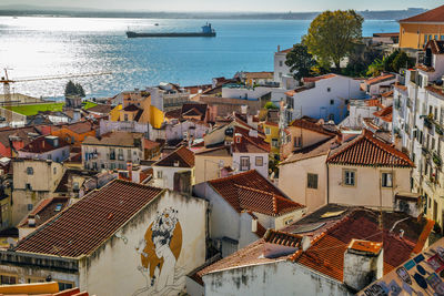 High angle view of townscape by sea