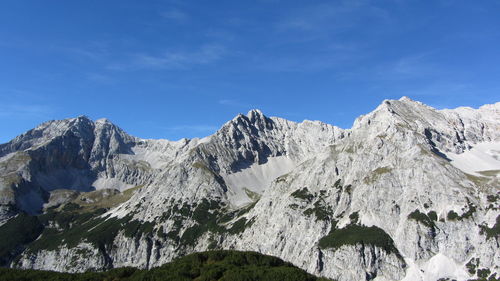 Panoramic view of mountains against blue sky