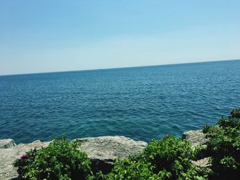 Scenic view of sea against clear blue sky