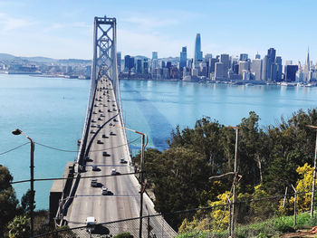 Bridge over river with buildings in background
