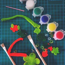 High angle view of multi colored flowers on table