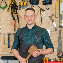 High angle view of man working at workshop