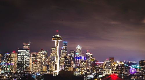 View of city lit up at night