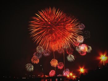 Low angle view of firework display at night
