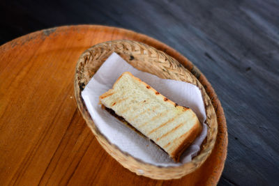 High angle view of bread in plate on table