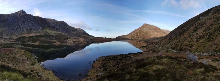 Panoramic view of lake and mountains against sky