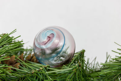 High angle view of glass jar on table