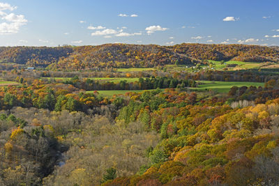 High angle view of trees on landscape against sky