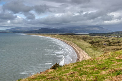 Scenic view of land and sea against sky