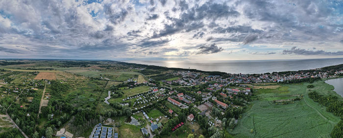 High angle view of agricultural field against sky