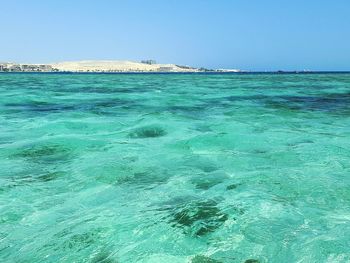 Scenic view of sea against clear blue sky