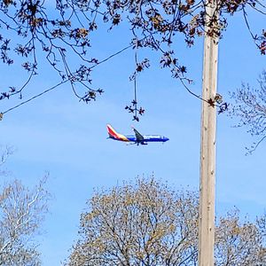 Low angle view of airplane flying against sky