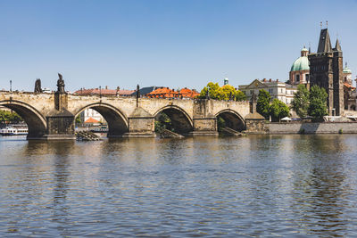 Arch bridge over river against buildings in city
