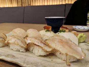 Close-up of food served on table