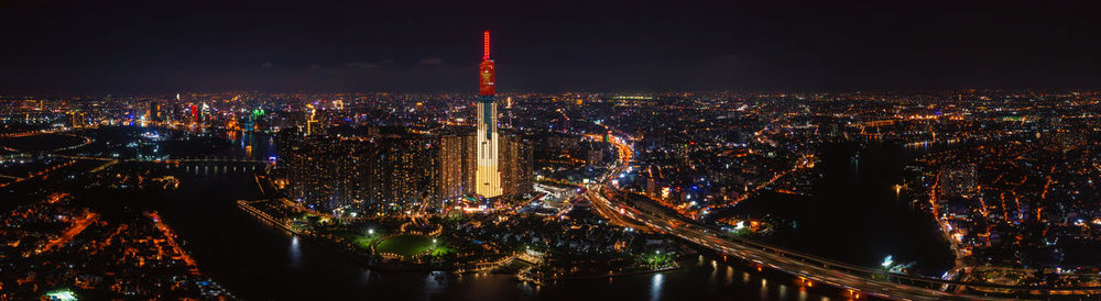 Panoramic photo of drone view of ho chi minh city skyline at night