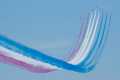 Low angle view of airplane flying against sky