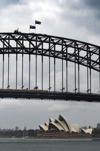 View of bridge over river against cloudy sky