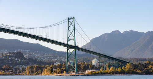 Low angle view of suspension bridge against sky