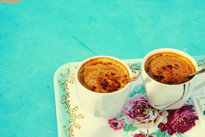 High angle view of coffee on table