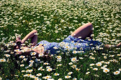 Low section of woman lying on field