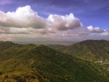 Scenic view of mountains against cloudy sky