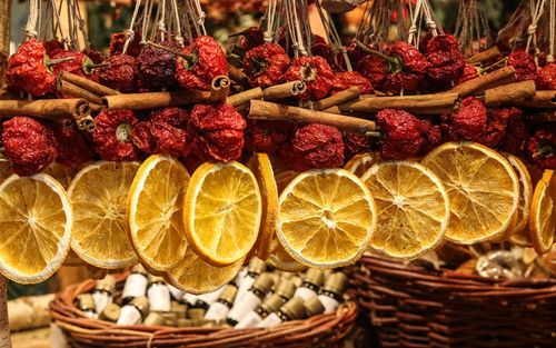 Close-up of fruits in basket at market stall