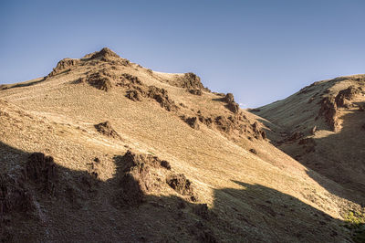 Scenic view of rocky mountains against clear sky