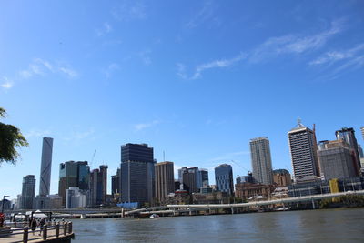 River by cityscape against blue sky