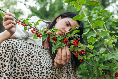 Young woman picking redcurrant in garden