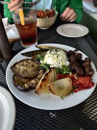 High angle view of food served on table