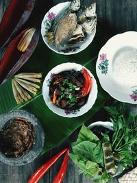 High angle view of meal served on table