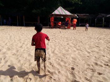 Rear view of people playing on beach