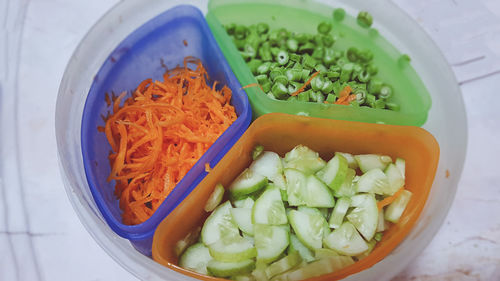 High angle view of chopped vegetables in bowl