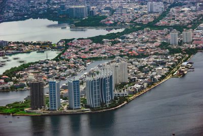 High angle view of city at the coast