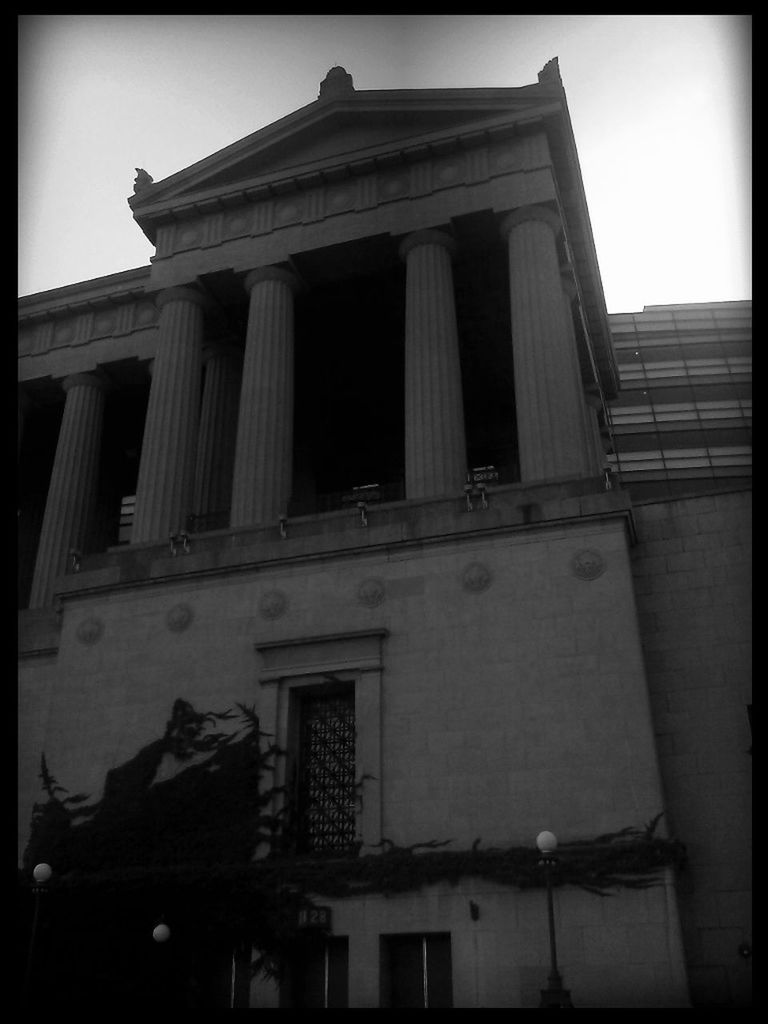 architecture, transfer print, built structure, building exterior, low angle view, auto post production filter, window, clear sky, old, history, building, sky, exterior, day, facade, outdoors, city, no people, architectural column, historic