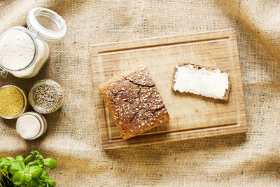 High angle view of breakfast on table